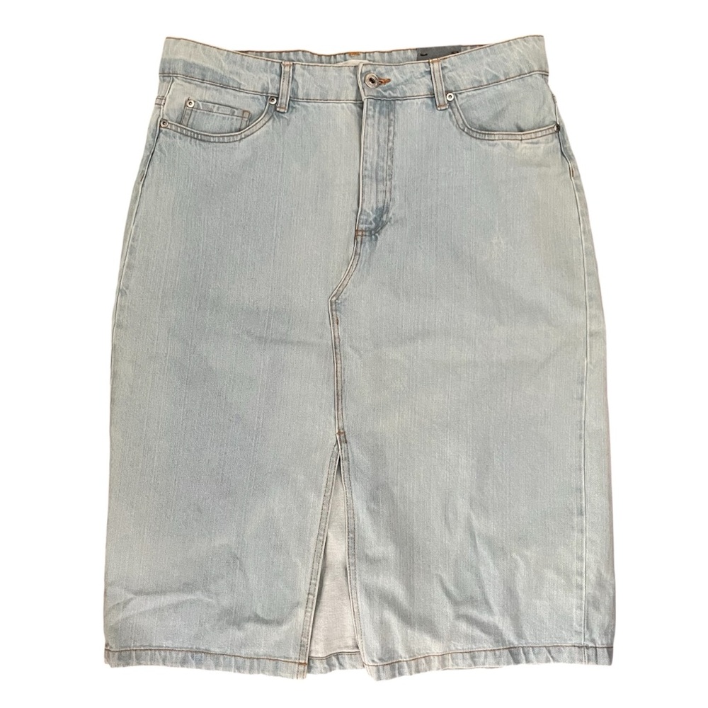 Light Blue Denim Midi Skirt with Front Slit